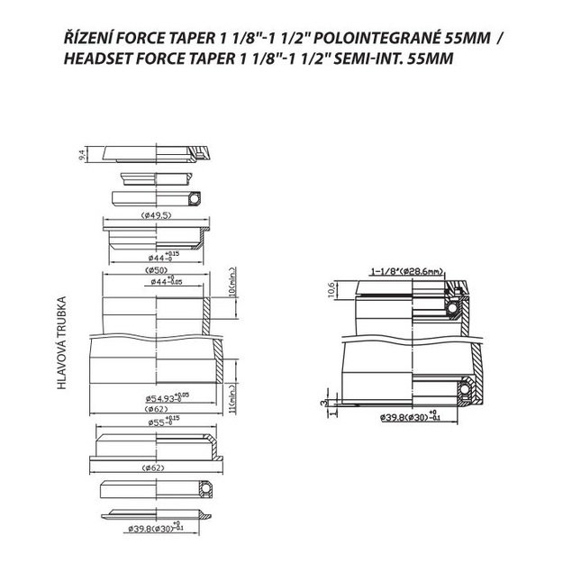 Vairo kolonėlė FORCE TAPER 1 1/8 -1 1/2  pusiau integruota 55 mm (aliuminė, juoda)